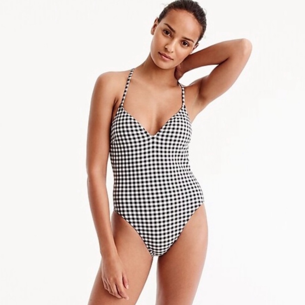 J. Crew Gingham Lace-Up Back One Piece Swimsuit